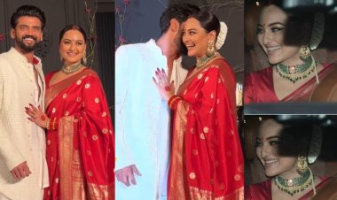 Sonakshi-Zaheer Reception: मांग में सिंदूर..बनारसी लाल साड़ी, देखें नई नवेली दुल्हन सोनाक्षी का रिसेप्शन लुक